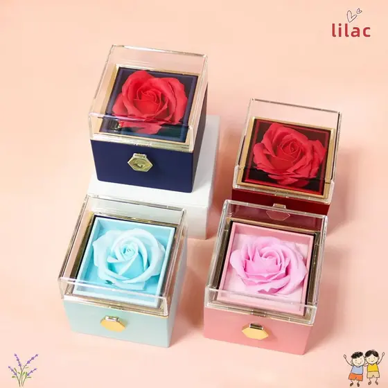 Caixa De Joias Rotativa LILAC , Rosa Eterna De Flor De Sabão Anel Com Tampa Transparente Acrílica