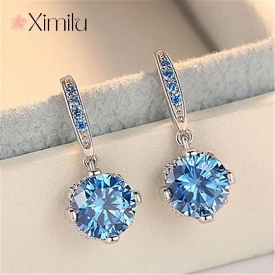 ♥Temperamento Brincos De Cristal Azul Simples Combina Com Tudo Ganchos De Orelha Garotas Artesanato Prata 925 brincos fe