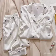 Estilo de Primavera e Outono Pijamas de Verão de Seda Gelada Finos Loungewear Manga Longa Doce