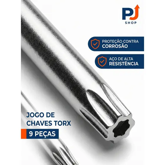 Chave Torx Torque 9 Peças Aço com Furo Guia T10 A T50