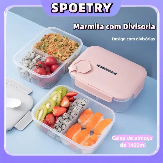 Marmita Lunch Box com 3 Divisórias Boa vedação e anti-vazamento Própria para micro-ondas