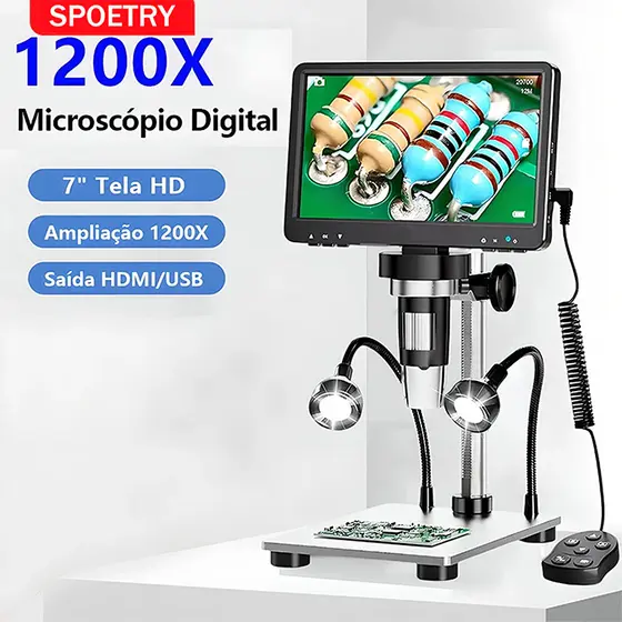Microscópio Digital 7 Polegadas 1080P 1200X para Vídeo Lupa Microscópio
