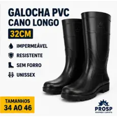 Galocha Bota PVC Preta Cano Longo 32cm Impermeável Sem Forro Unissex