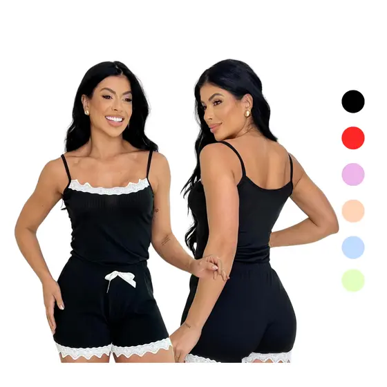 Pijama Preto Baby Doll Feminino Detalhe de Renda Luxo Canelado