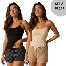 Kit 2 Conjunto Pijama Feminino Baby Doll Luxo Composê Premium Com Short Listrado