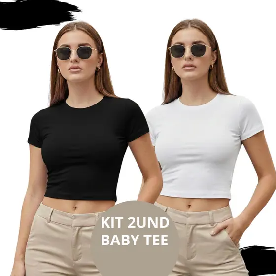 KIT 2: Baby Tee Feminina - Blusa Slim Fit Manga Curta - Blusa de Compressão Para Festas Academia Estilosa