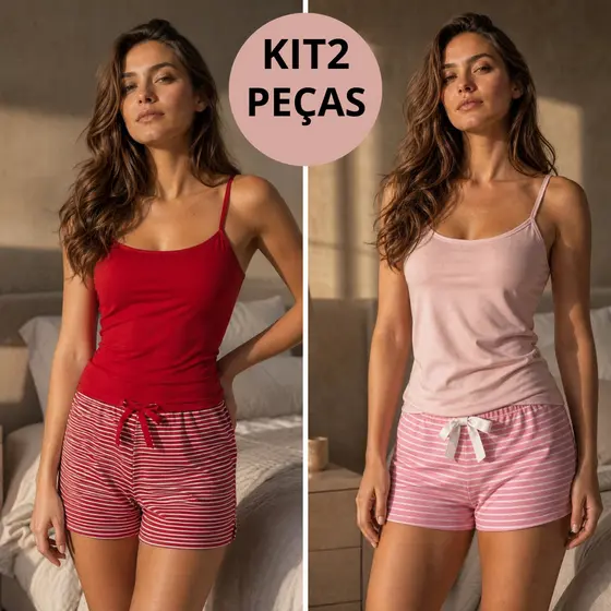 Kit 2 Conjunto Pijama Feminino Baby Doll Luxo Composê Premium Com Short Listrado