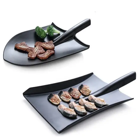 Preto criativo prato churrasco único pá forma imitação porcelana característica restaurante churrasco placa melamina ute