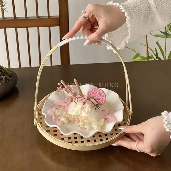 Prato de renda de cerâmica chinesa, prato de refresco doméstico, cesta de frutas, cesta de compras, cesta de bambu criat