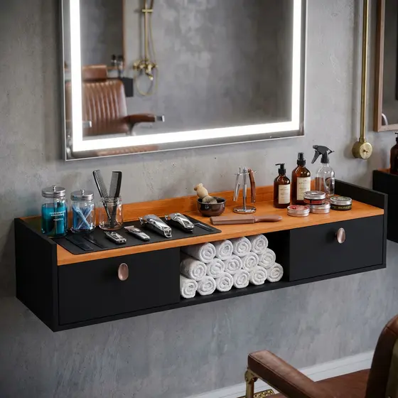 BANCADA BARBEARIA COM GAVETAS PORTAS BARBER POLE SUSPENSA PARA CORTE DE CABELO 7BARBA BOZZANO LIFE
