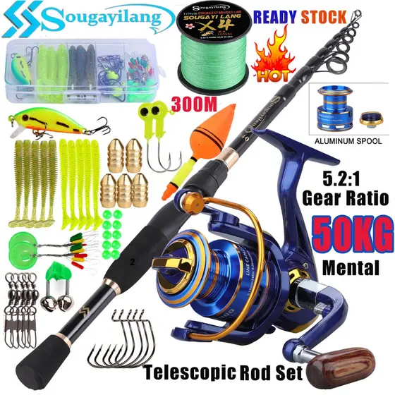 Sougayilang 🎣 Kit Pesca Completo Vara Telescópica Carbono+ Molinete ⚡ 12BB+ Linha 300m + Acessórios Prontos Para Pesca