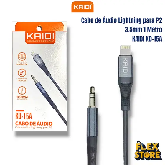 Cabo de Áudio KAIDI KD-15A Lightning para P2 3.5mm 1 Metro – Cabo Auxiliar iPhone Som Carro e Caixa de Som