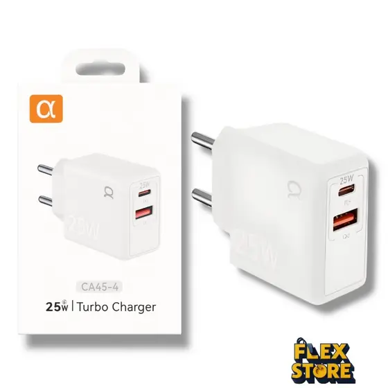 Carregador Fonte Turbo 25W α‘Gold CA45-4 | Dupla Saída USB + USB-C | Carregamento Rápido