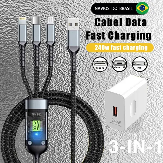 Adaptador USB De 240W + Conjunto De Carregador De Cabo Tecido 3 Em 1 Para Android IOS Tipo-C Cabos De Carregamento Ultra