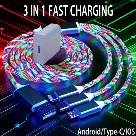 Carregador Rápido De 240 W Com Cabo USB De Luz De Fluxo LED 3 Em 1 Para Cabos De Carregamento Micro IOS Streamer Tipo C