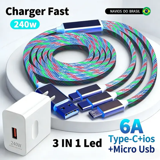 Carregador Rápido De 240 W Com Cabo USB De Luz De Fluxo LED 3 Em 1 Para Cabos De Carregamento Tipo C Micro IOS Streamer