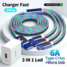 Carregador Rápido De 240 W Com Cabo USB De Luz De Fluxo LED 3 Em 1 Para Cabos De Carregamento Tipo C Micro IOS Streamer