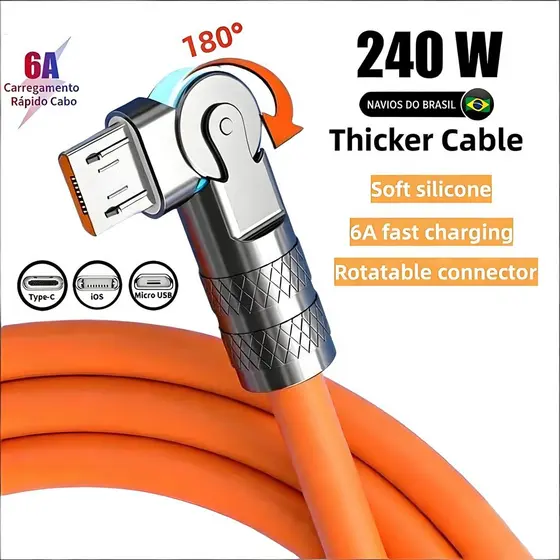 Cabo Carregador Giratório Para Carregamento Rápido Tipo C Micro USB iOS Suporta 180 ° Cabos De Rotação BBC
