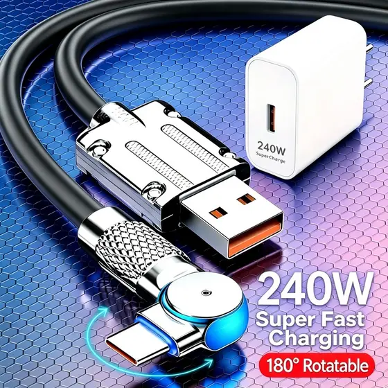 Carregamento Rápido 180 ° Rotação 1.2M Micro USB Tipo-C iOS Cabo Indicador LED De Silicone Adaptador De Carregador 240W