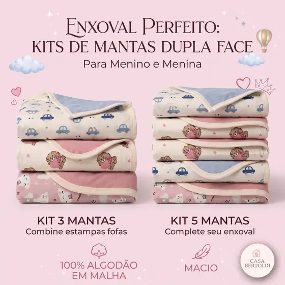 Kit 3 ou 5 Mantas Bebê 100% algodão Super Macia Enxoval Infantil Menino Menina Cueiro Baby Naninha
