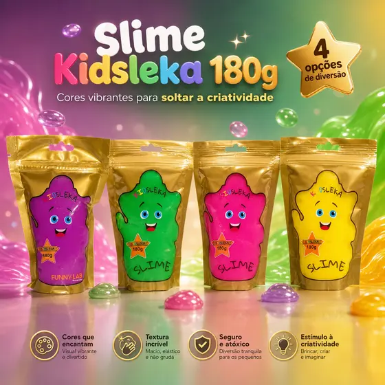 Kit 12 | 09 | 06 | 03 Slime Kidsleka 180g várias cores - Slekids - Brinquebol - Funny-lab