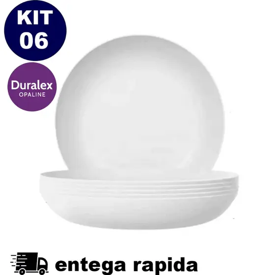 Kit 6 Pratos Fundos de Vidro Branco Duralex Opaline Blanc 22cm Almoço Jantar Restaurante