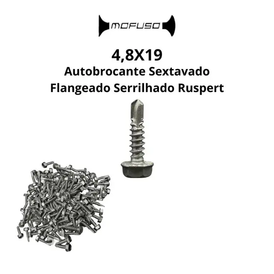 Parafuso Autobrocante 4,8x19 Sextavado Flangeado Serrilhado Ruspert Aço Carbono Ponta Broca