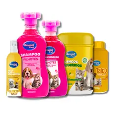 Kit Filhotes Shampoo, Condicionador, Talco, Lenço e Deo Colônia Cereja e Avelã para Cães e Gatos