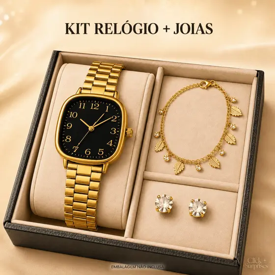 Kit Relógio Quartz Feminino Analógico + Pulseira e Brincos 3 Peças Dourado Prata Rosé Preto.
