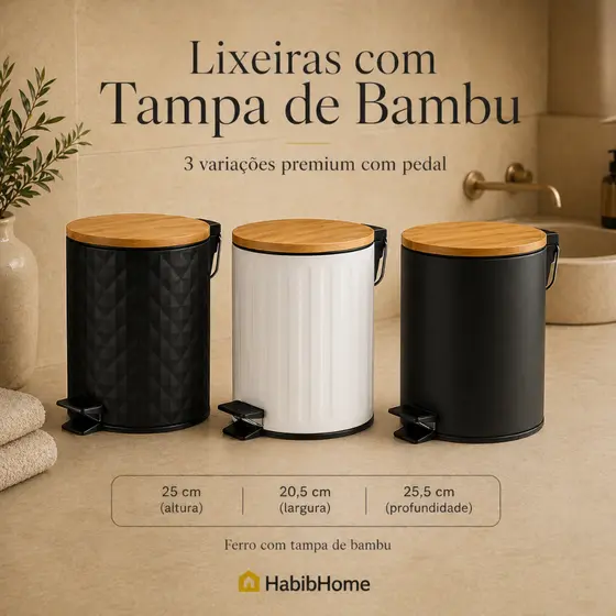 ✅ Lixeira 5L com Pedal e Tampa de Bambu | Ferro Premium | Moderna p/ Banheiro e Cozinha🔝