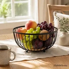 Fruteira Aramada Redonda Preta com Base de Bambu Organizador de Frutas para Cozinha Decorada