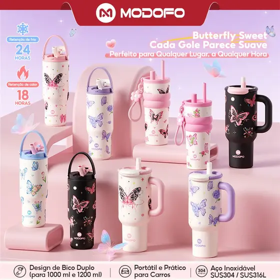 MODOFO Garrafa térmica de água 1 litro/1.2litro grande Copo Termico com Canudo Alça Aço Inox (Butterfly Sweet)