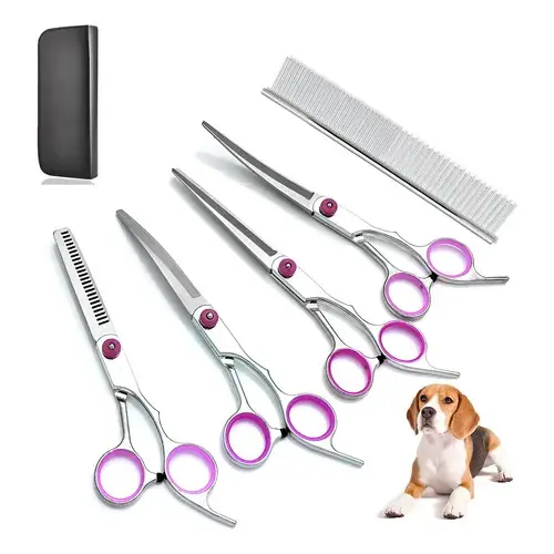 Kit 5 Tesouras Profissionais Fio Navalha Desfiadeira Coloridaspara Cães e Animais de Estimação Pet Grooming