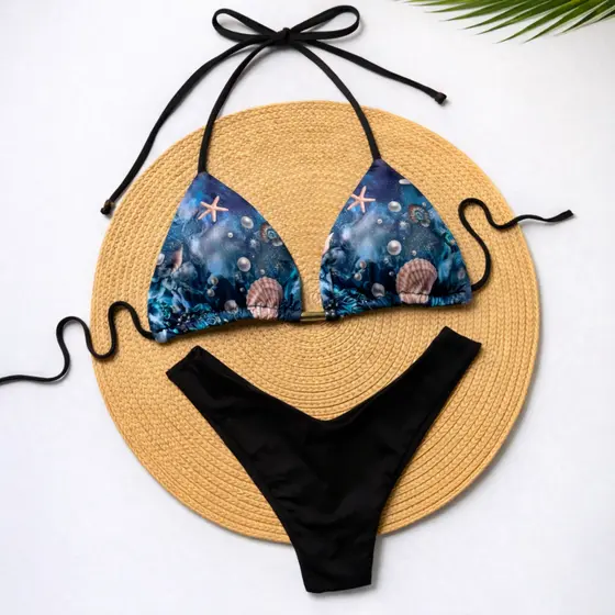 Biquíni Feminino Estampado Cortininha com Bojo Removível - Calcinha Fio Dental Praia Verão Conjunto