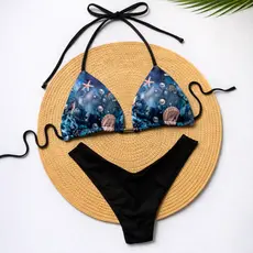 Biquíni Feminino Estampado Cortininha com Bojo Removível - Calcinha Fio Dental Praia Verão Conjunto