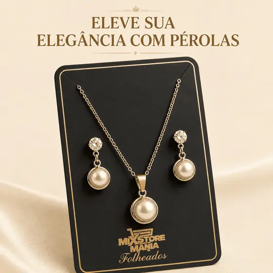 Conjunto Elegante Colar E Brinco Com Pingente de Pérola Folheado
