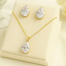 Conjunto Feminino Colar e Brincos Gota Cristal Brilhante Folheado - Kit Semijoia Delicada Várias Cores