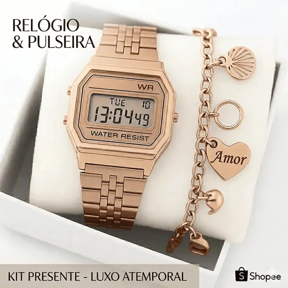 Kit Relógio Digital Feminino LED Retrô Vintage Quadrado + Pulseira Elegante Luxo