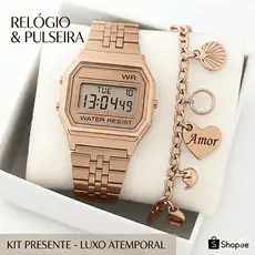 Kit Relógio Digital Feminino LED Retrô Vintage Quadrado + Pulseira Elegante Luxo