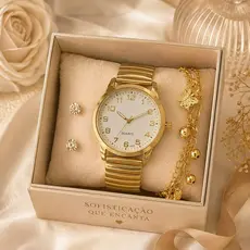 Relógio Feminino Analógico Luxo Pulseira Elástica + Conjunto Pulseira e Brincos Kit Presente