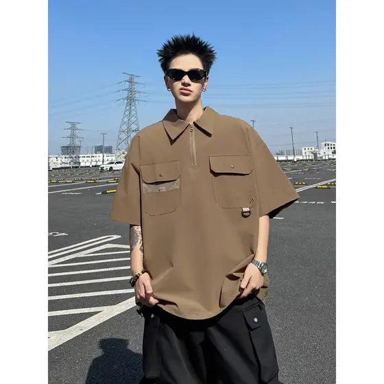 H meio zíper camisa de manga curta masculina verão na moda camisa polo solta camiseta japonês Retro rufião bonito camisa