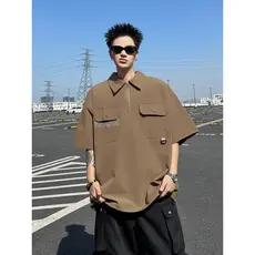 H meio zíper camisa de manga curta masculina verão na moda camisa polo solta camiseta japonês Retro rufião bonito camisa