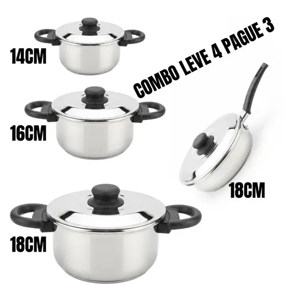 Combo Especial Cozinha; Conjuntu 3Caçarolas 14/16/18 e Frigideira em Aluminio Polido os tamanhos mais utilizados no dia