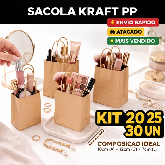 Sacola Kraft PP 18x12x7 Kit 20 25 30un | Embalagem Presente Sustentável Delivery Comércio