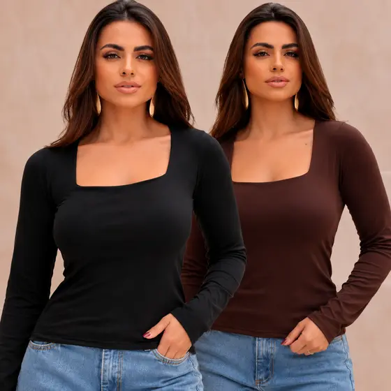 Blusa Feminina Manga Longa Suplex Decote Quadrado Poliamida Segunda Pele Proteção UV Academia Casual