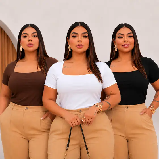 Blusa Feminina Plus Size Manga Curta Suplex Decote Quadrado Básica Premium Segunda Pele Inverno