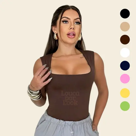 Body Feminino Collant Suplex com Forro Decote Quadrado Alça Larga Look Casual Moda Blogueira Tendência