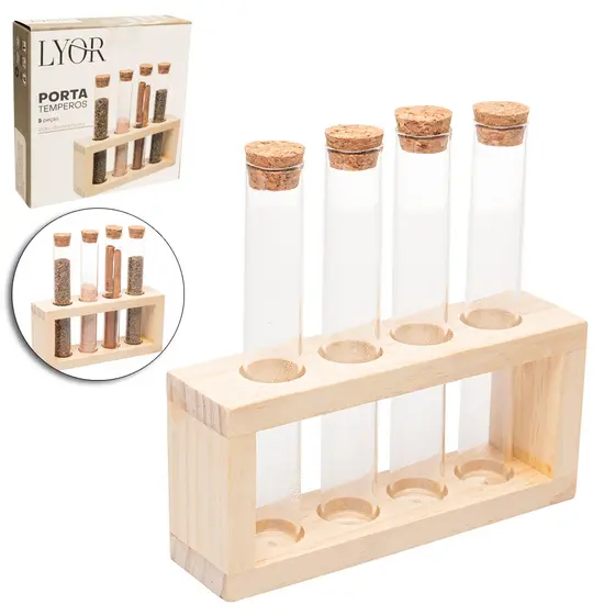 Conjunto Porta Temperos 4 Potes de Vidro com Suporte Madeira MDF
