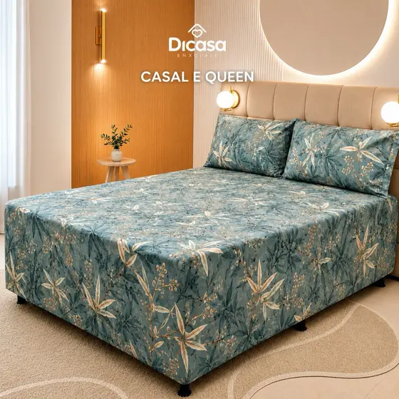 Kit Capa Luva Elástico Casal Queen Percal 500 Fios Lisa Estampada 2 Capas Travesseiro Elástico Macio Resistente