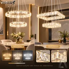 Lustre de Cristal Moderno LED Anéis Suspensos Duplos Sala Jantar Luxo Pendente Cristal 3 Cores Em 1